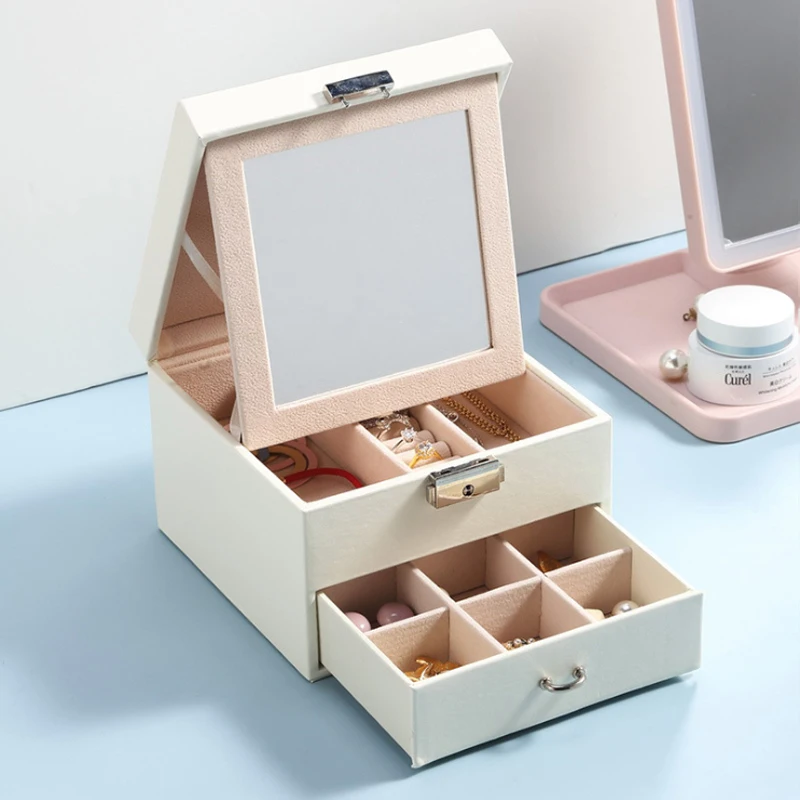 

Korean Double-layer Jewelry Storage Box Portable Earrings Storage Box Lipstick Watch High-end Lewelry Finishing Box With Mirror