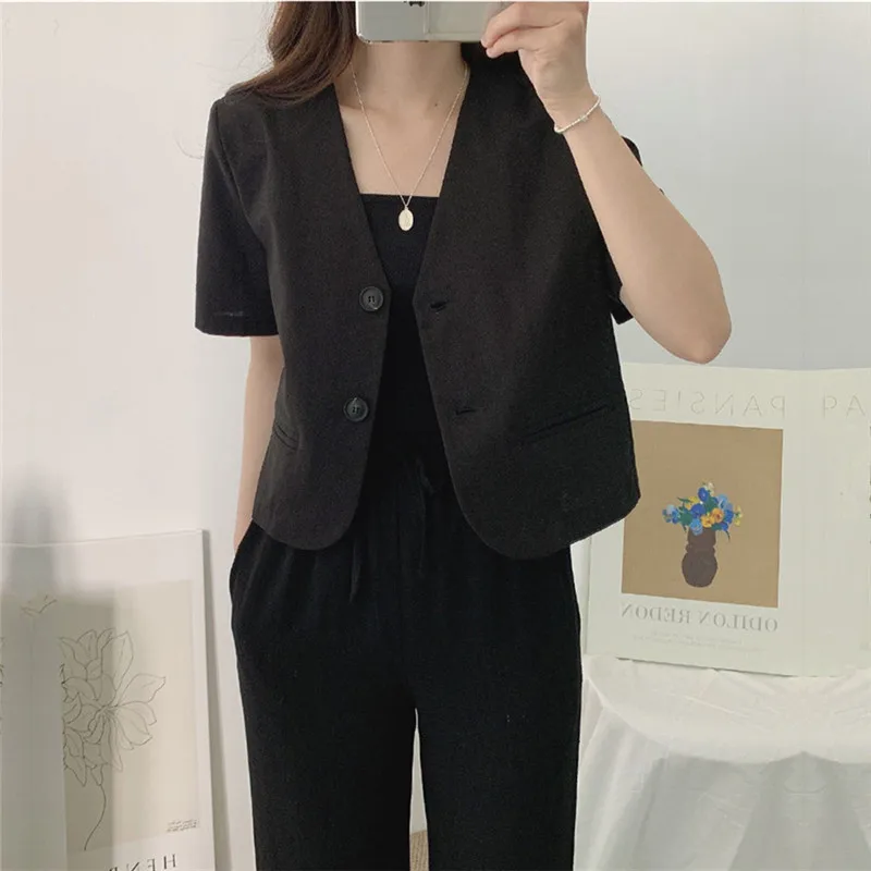 QOERLIN-Chaqueta de lino y algodón con cuello en V profundo para mujer, traje informal de manga corta con dos botones, estilo coreano, 2021