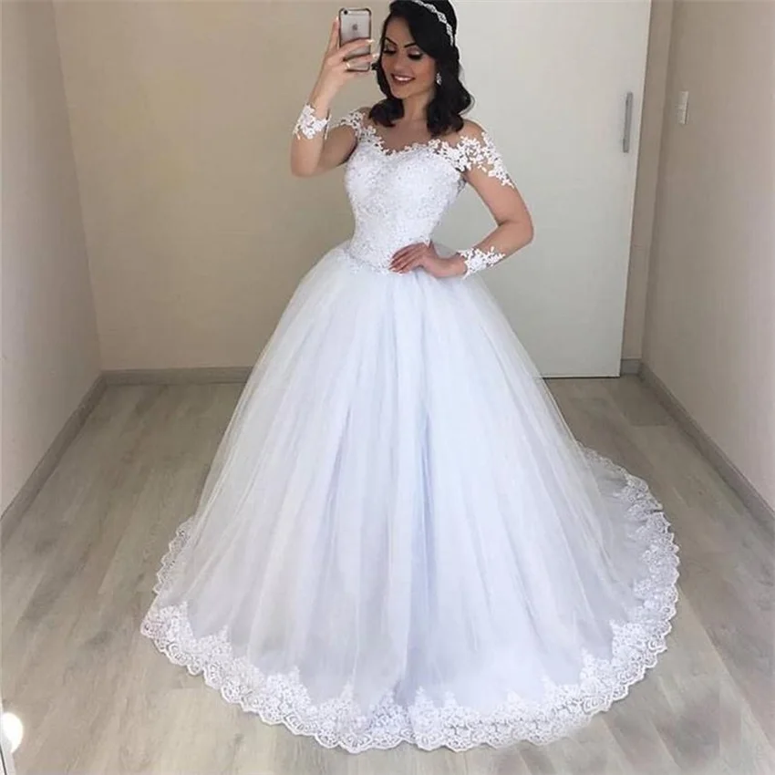 Vestido De princesa Vintage para Novia, Vestidos De Novia De manga larga con borde De encaje, color blanco