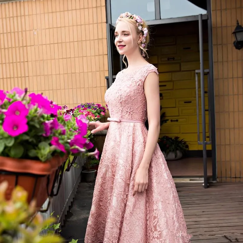 Vestido de festa feminino, vestido linda de renda rosa com pérolas e gola redonda, vestidos elegantes para mulheres