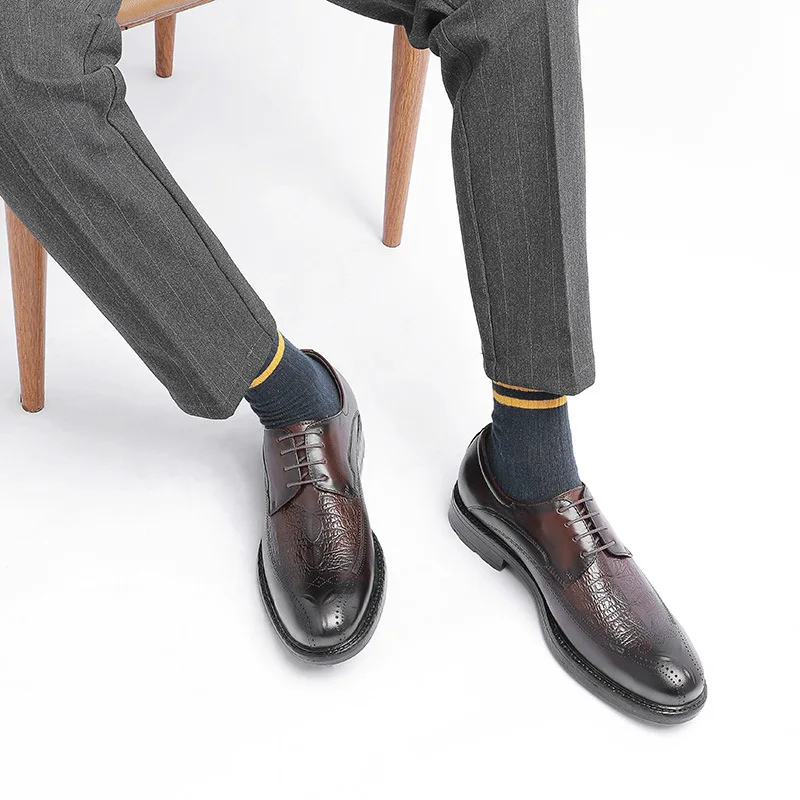 

2021 new men's business leather shoes thick-soled round toe formal dress shoe first layer cowhide lace-up casual shoes men
