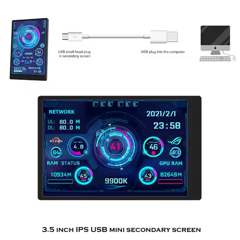 2024New 3.5 Inch IPS Type-C Secondary Screen Computer CPU GPU RAM HDD MonitorUSB Display For Freely AIDA64 mini monitor
