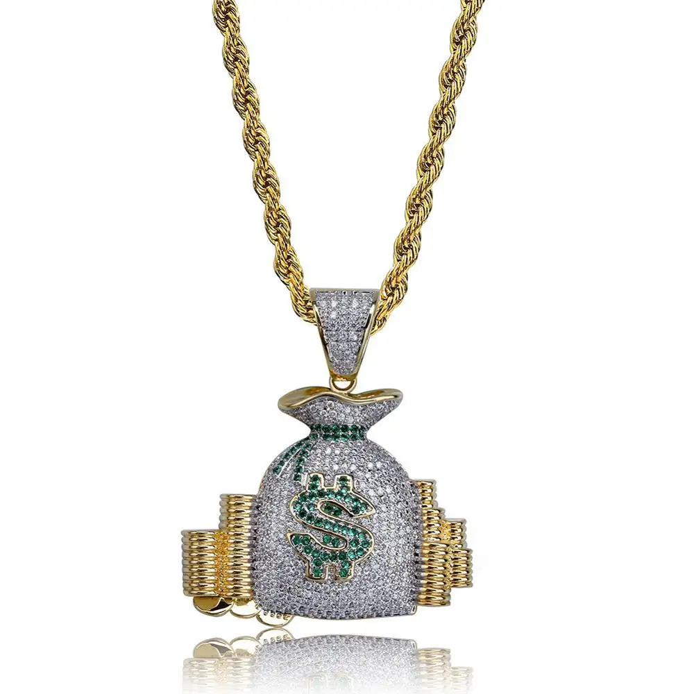 

Hip Hop Money Bag Stack Cash Coins Pendant Necklaces Gold color Cubic Zircon Necklaces for Men Charm Jewelry Gifts