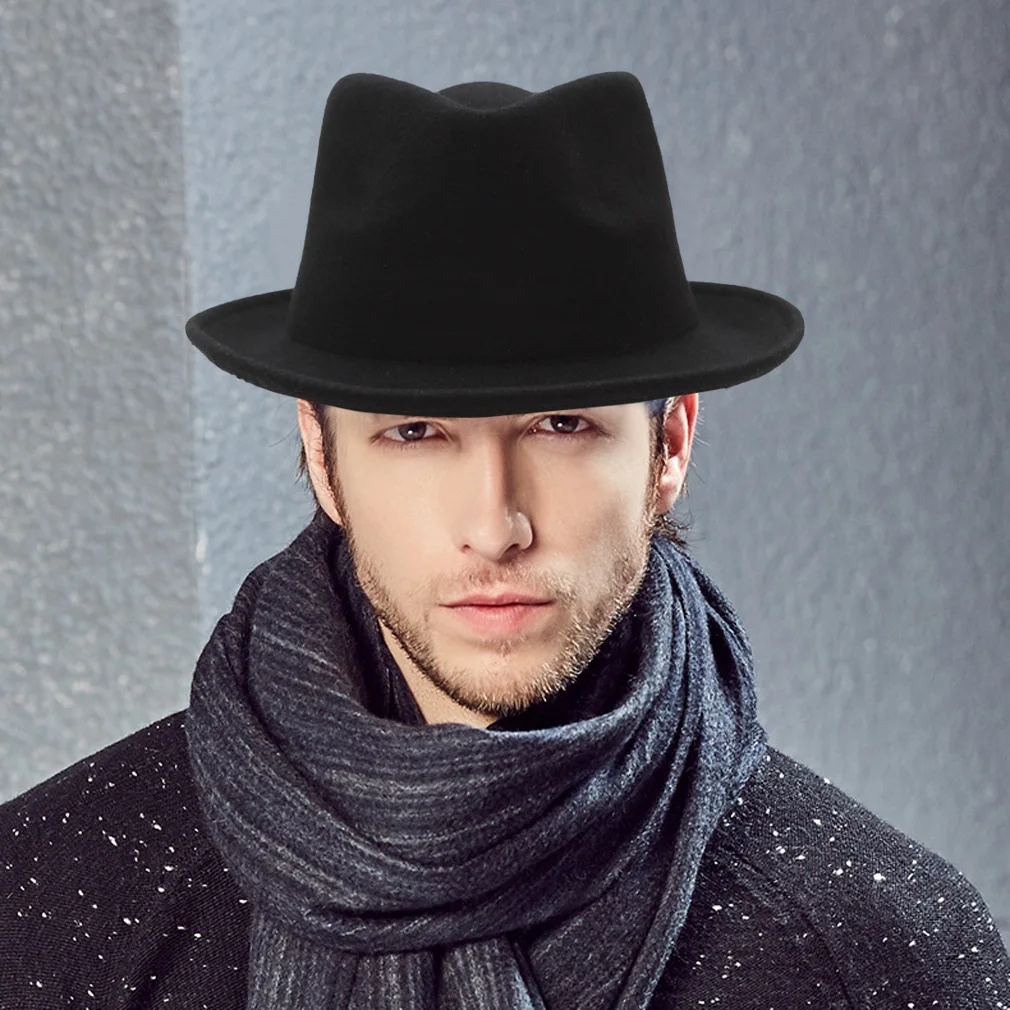 

Fall Winter Men's Wool Fedoras Hat Male Curled Jazz Fedora Cap Adult European American Black Gentlemen Fashion Party Hats H7221