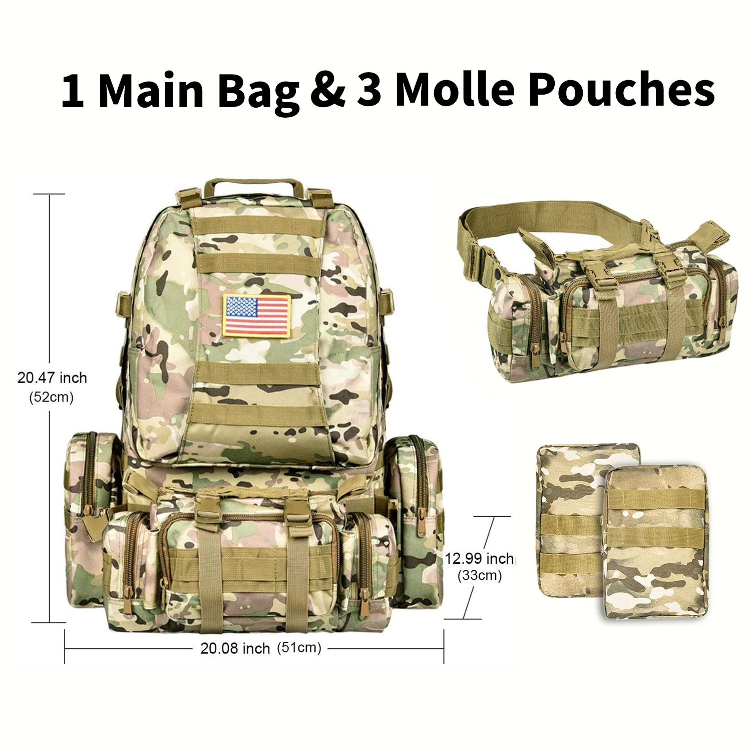 50L Backpack Men Rucksack Assault Pack 4 in 1 Molle Bag Outdoor Hiking Climbing Army Backpack Camping Bags