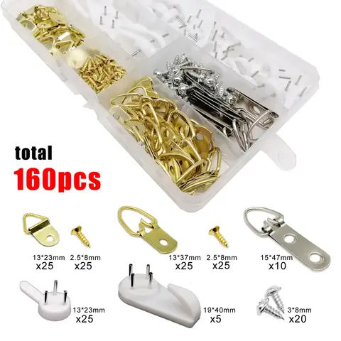 160pcs / Box Triangle D-Ring Hanging Oil Painting Picture Frame Hanger Art Work Photo Wall Hook With Screws Assortment Kit Set