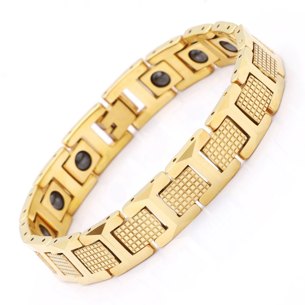 12mm Punk Gold Color Germanium Stone Magnet Health Bracelet Men Women Hiphop Black Stainless Steel Bike Magnetic Bangle Jewelry