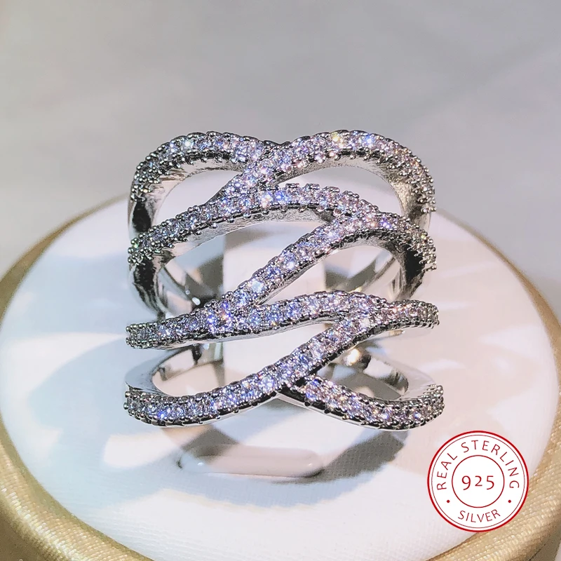 Kreatywny geometryczny uzwojony pierścionek z białą cyrkonią 925 Sterling Silver dla pań Fashion Party imprezowa, koktajlowa biżuteria na prezent