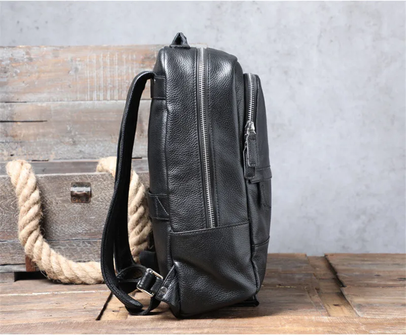 Simple casual natural real cowhide men's backpack outdoor travel bookbag fashion genuine leather women's black laptop bagpack