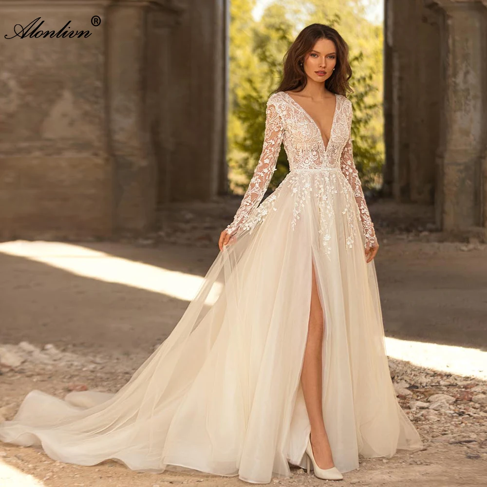 Alonlivn Chic Tulle V-Neck Full Sleeves Front Split A-Line Wedding Dresses Appliques Sweep Train Backless Bridal Gowns