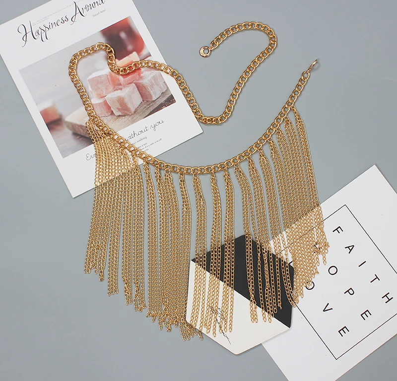 Women's Runway Fashion Gold Metal Chain Tassel Cummerbunds Female Dress Corsets Waistband Belts Decoration Wide Belt R2219