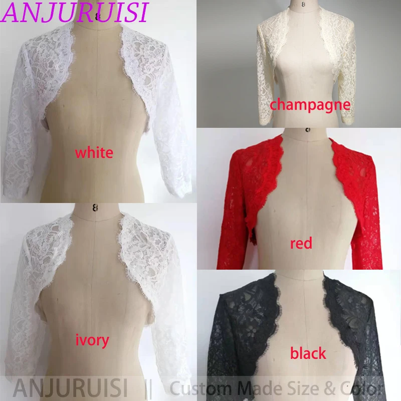 ANJURUISI Elegant Simple Shares of Women's 3/4 Long Sleeve White Lace Shoulders Cropped Bolero Wedding Jacket 2022 Bridal Wraps