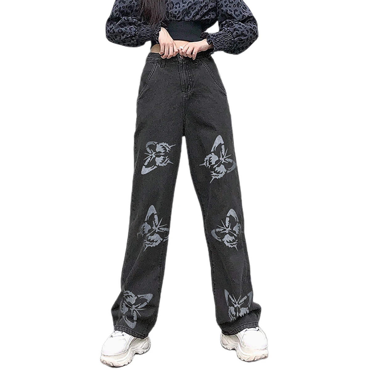 Women Loose Jeans High Waist Butterfly Print Long Straight Baggy Trousers Casual Autumn Spring Ladies Pants