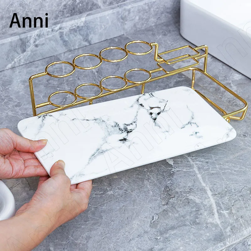 Marble Texture Ceramic Bathroom Organizer Nordic Modern Household Golden Border Toothbrush Holder Wall Shelf Home Decoration