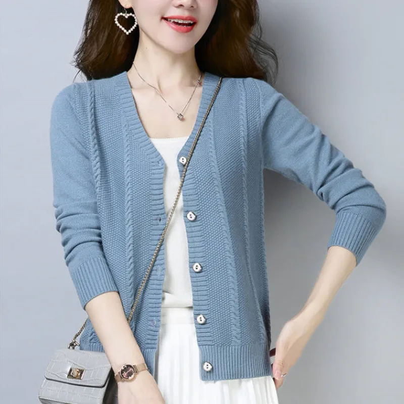 Fashion 2022 Spring Cardigan Women Elegant Solid Single Breasted Knitted Casual Korean Style Tops V Neck Sweater Coat