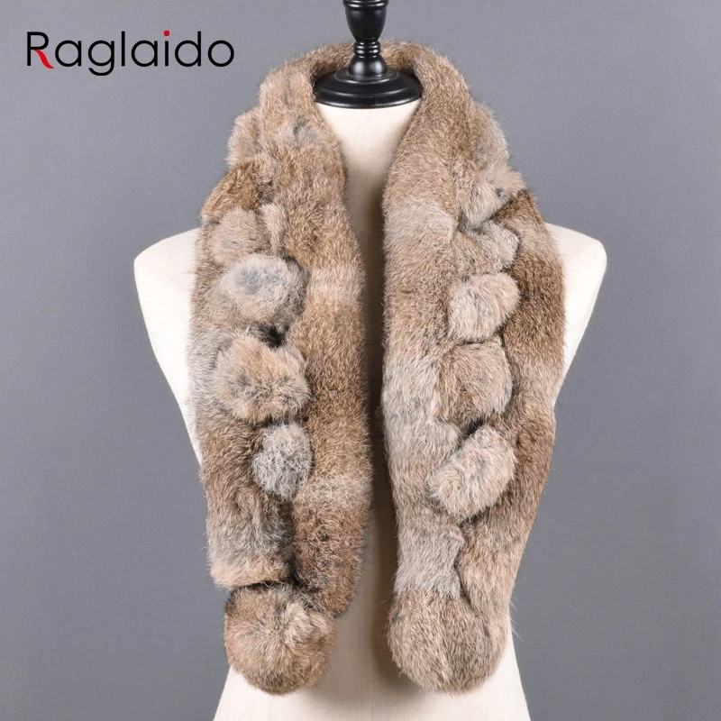 Women Winter Rabbit Fur Scarf 100% Natural Rabbit Fur Fashion warm And Soft Neckerchief Wholesale Pompoml Fur Scarves Headbands