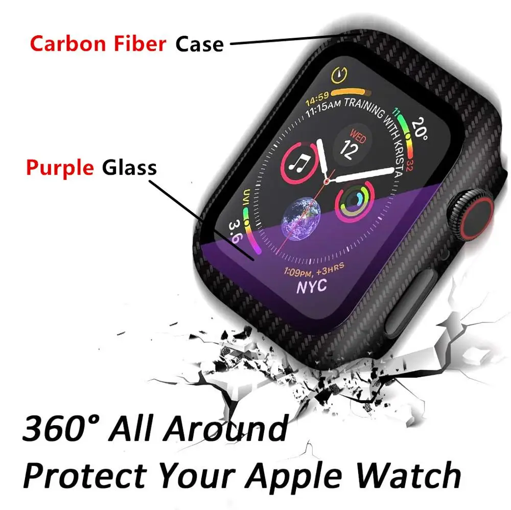 Glass+Cover For Apple watch Case 44mm 42mm 40mm 38mm Carbon fiber bumper+Screen Protector iWatch series 3 4 5 6 SE 7 45mm 41mm