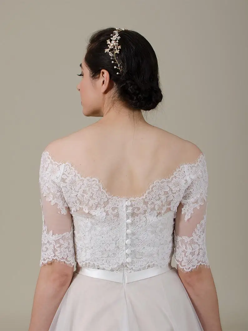 Đầm Cô Dâu Áo Lệch Vai Tay Lửng Bolero Cưới Top Ren Appliques Tự Làm Nút Lưng Phụ Kiện Cô Dâu