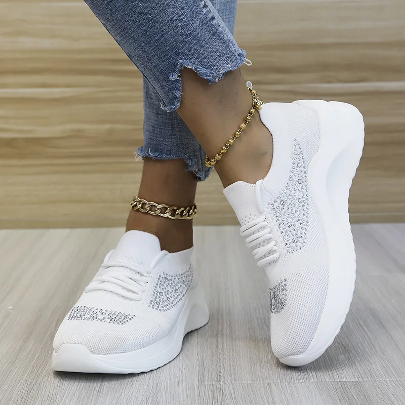 

44Women Sneakers Summer Plus Size Breathable Knitted Women's Running Shoes Vulcanized Shoe Rhinestone Casual Lace Up 2021