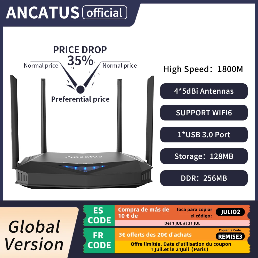 ANCATUS A6 Wifi 6 라우터 AX1800 AX3 2.4G/5G 밴드 글로벌 버전, 스마트 홈 무선 리피터 