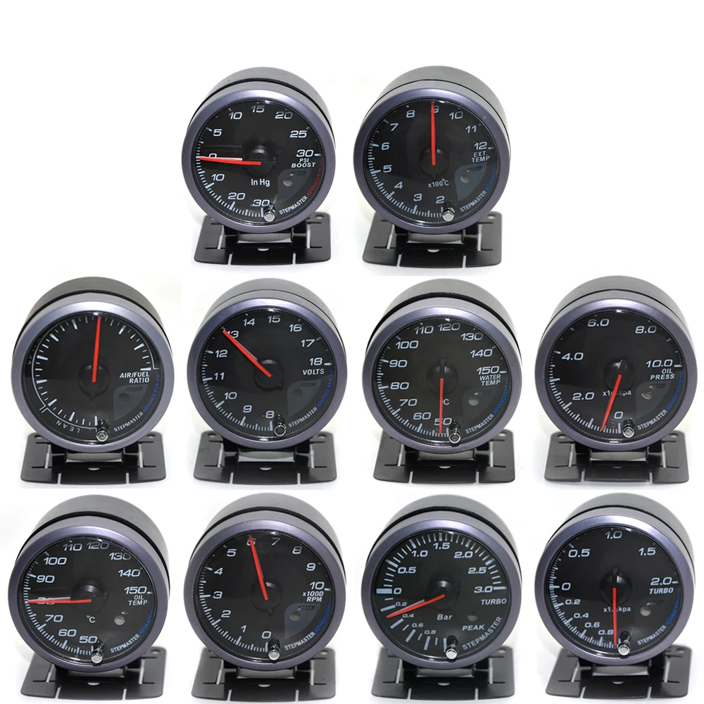 DepoTuning 60MM Black Face Boost turbo/Water/Oil temp/Oil press/Voltmeter/Air fuel Ratio/ Exhaust gas temp/tachometer gauge Dual