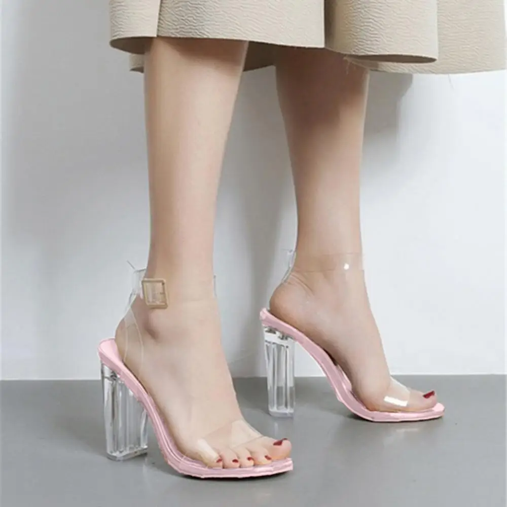 Fashion Women Summer Transparent High Heels Buckle Ankle Strap Sandals Shoes