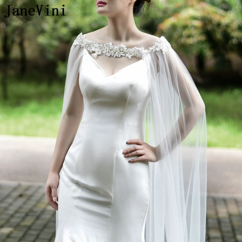 

JaneVini 3M Ivory Cathedral Luxury Bridal Cloak Pearl Beaded Soft Tulle Wedding Shawl Wrap Shrugs for Women Summer Shoulder Cape