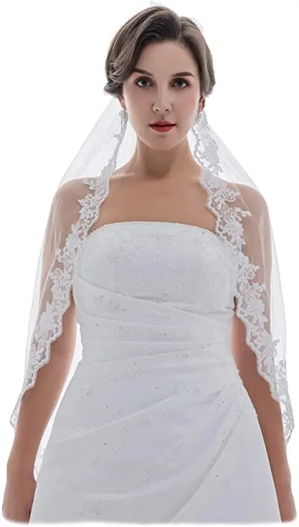 Fancy Newly Designed  1T 1 Tier Floral Pattern Lace Edge Bridal Wedding Veil Fingertip Length