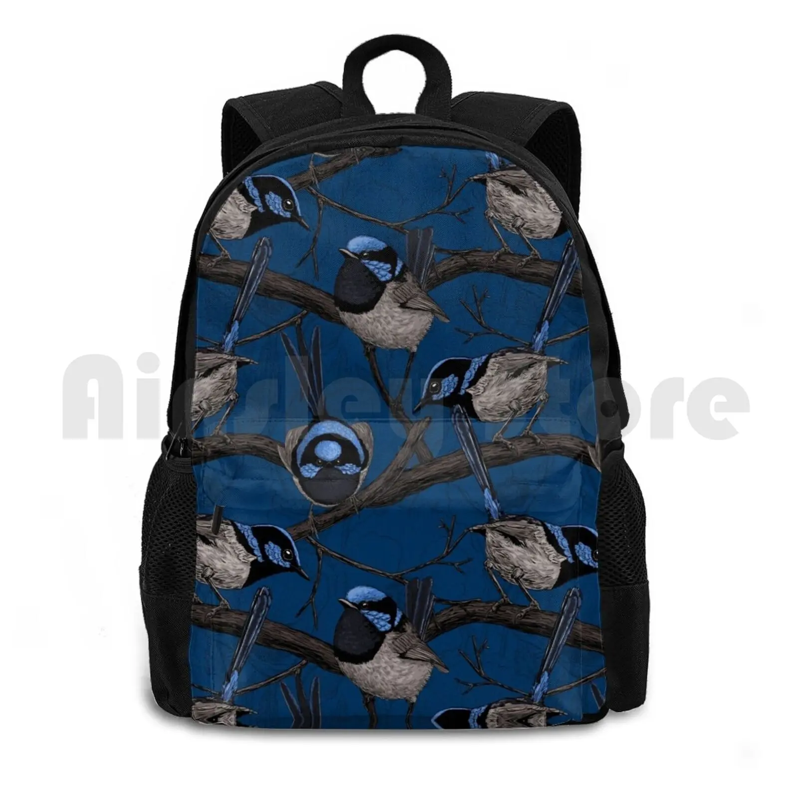 

Night Fairy Wrens Outdoor Hiking Backpack Riding Climbing Sports Bag Bird Wren Fairy Wildlife Ink Pattern Vector Blue Nature