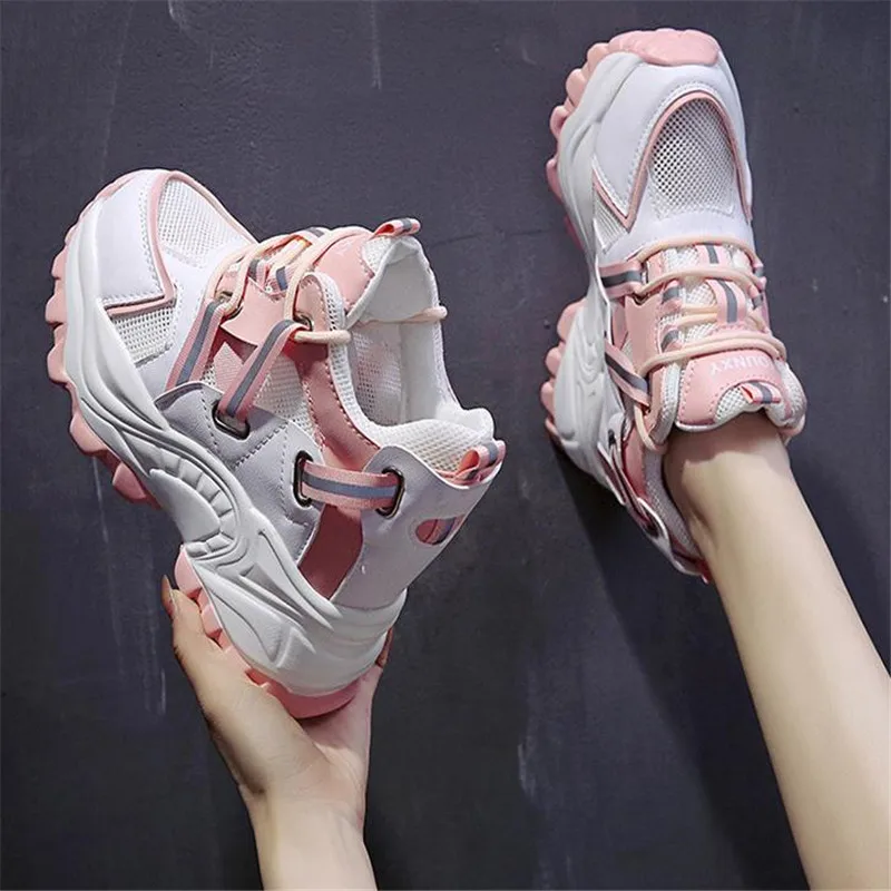 Wysokie obcasy Chunky Sneakers kobiety moda jesień wysokość zwiększenie obuwie kobieta Mesh platforma Vulcanize buty