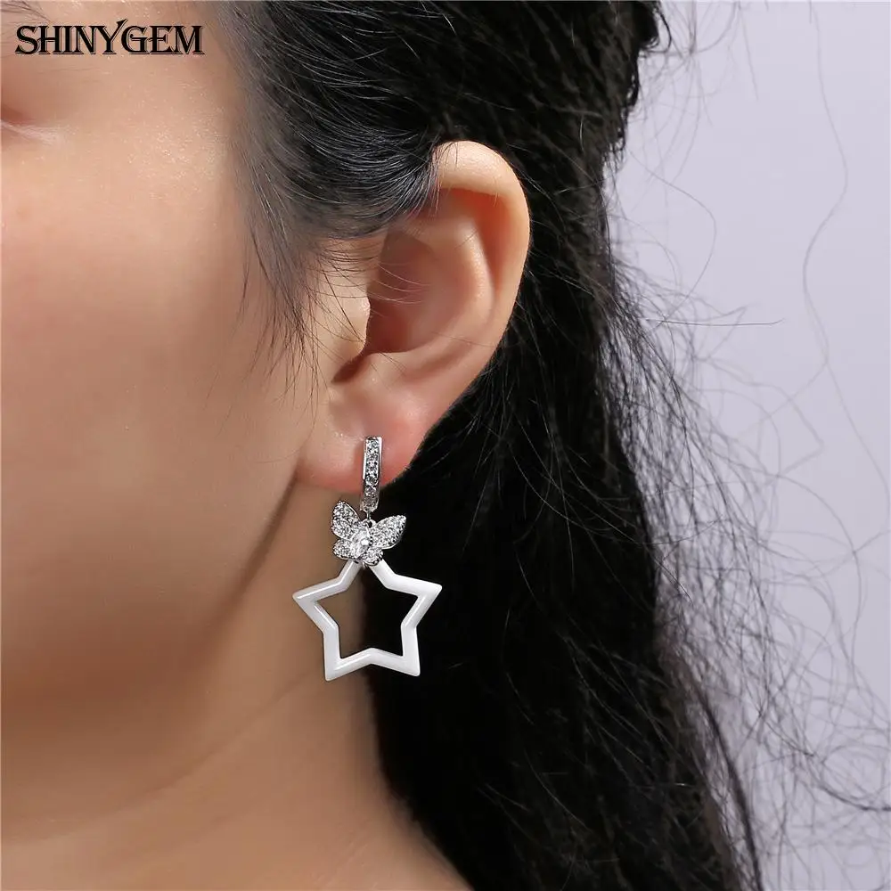 Fashion Pink Pottery Jewellery Delicate Lovely Butterfly Gold Plated Micro Inlay Zircon Crystal Ceramics Drop Earrings For Women