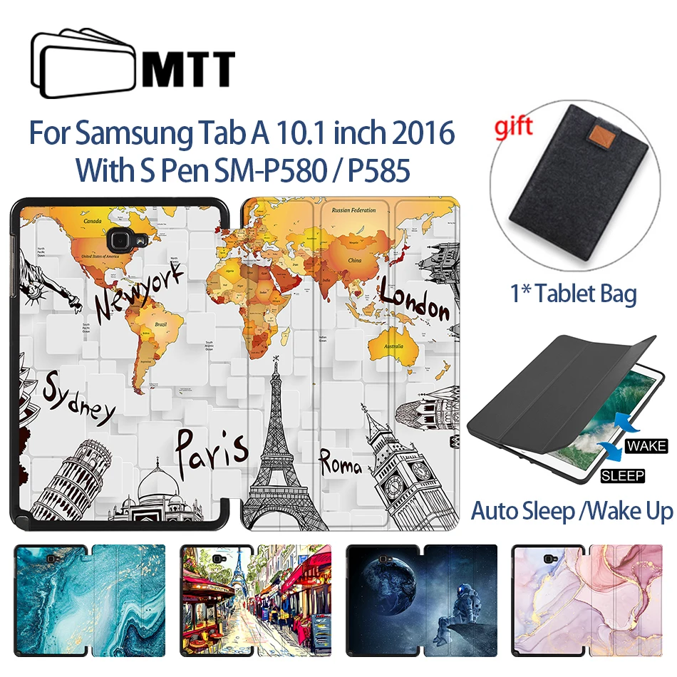 MTT 2016 Case For Samsung Galaxy Tab A 10.1 inch With S Pen SM-P580 P585 Folio PU Leather Flip Stand Smart Cover Tablet Case