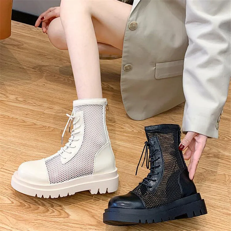 Summer Mesh Boots Women Fashion Lace Up Ankle Boots Woman Shoes Black Sandals Hollow Breathable Zipper Socks Boots Square Heel