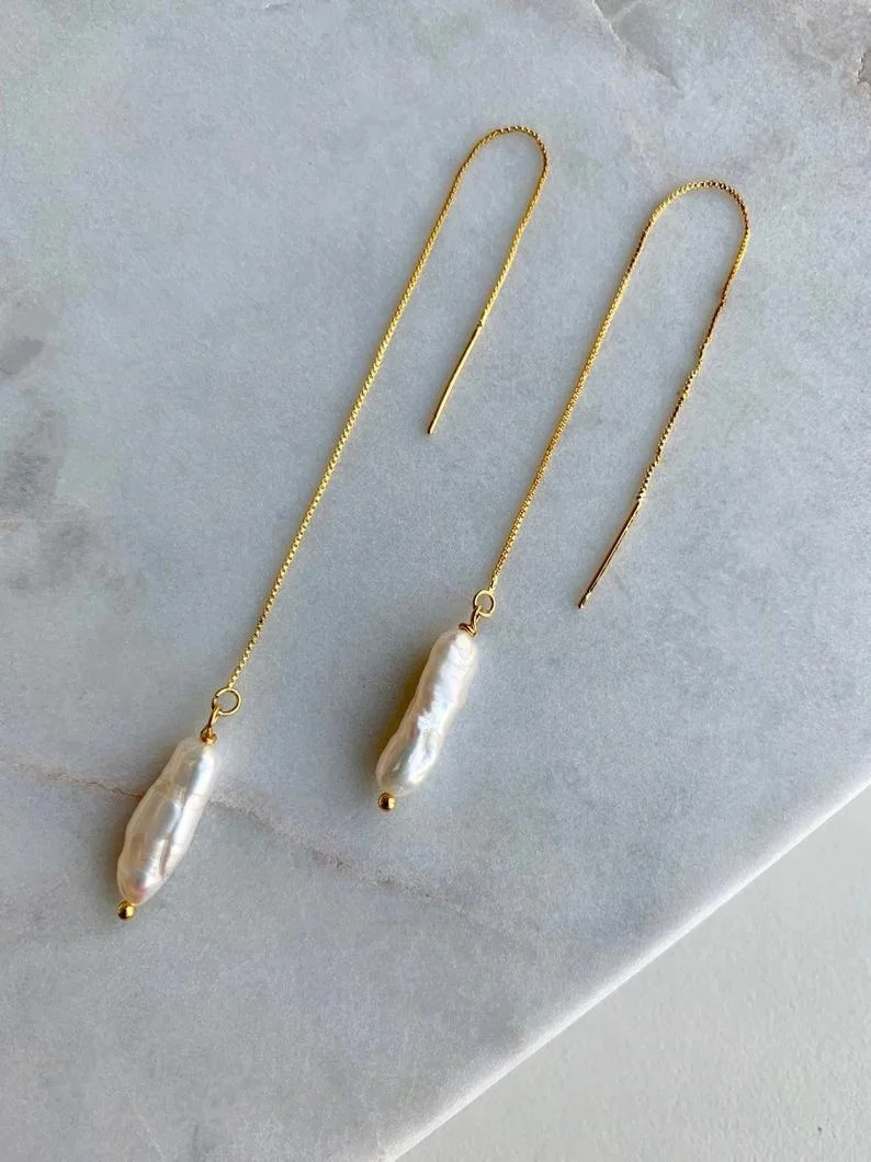 Pearl Threader Earrings - Pearl Earrings - Gold Chain Earrings