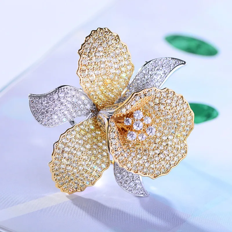 OKILY Luxurious Cubic Zirconia Orchid Flower Brooch Pin Delicate Rhinestone Floral Pins and Brooches for Women Valentine\'s Gift