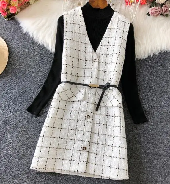 Small fragrance winter plaid French style tweed woolen tank dress women v-neck slim a-line bottoming dress