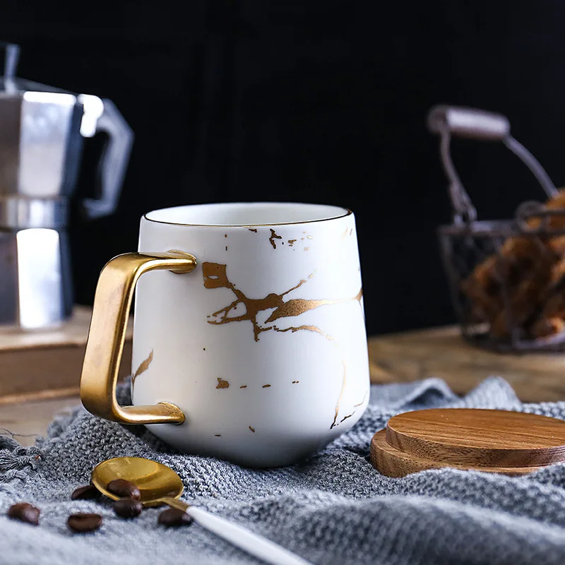 Mármore Cerâmica Caneca com Copos e Pires De Madeira, Matte Gold Coffee Cup, Japonês Preto e Branco Phnom Penh Cup