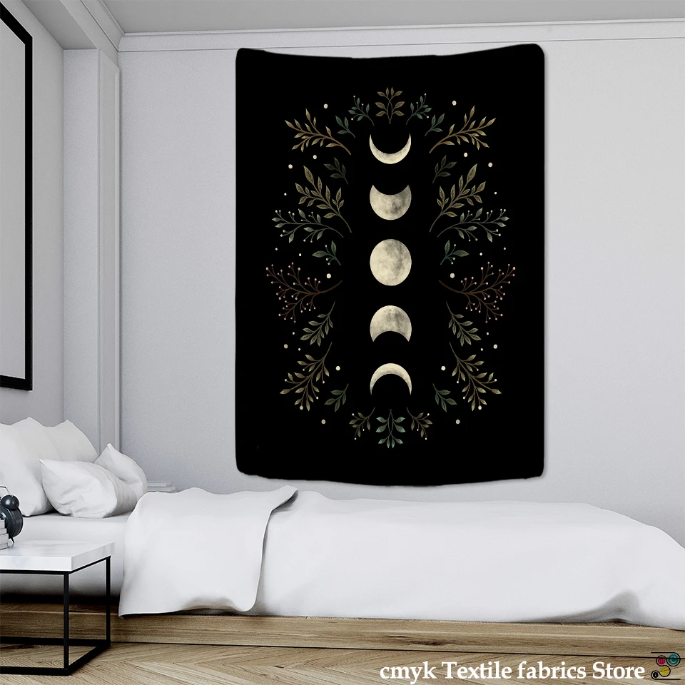 Vintage Moon Phase Tapestry Wall Hanging Moonlight Green Olive Leaf Bohemian Style Hippie Dormitory Home Decor