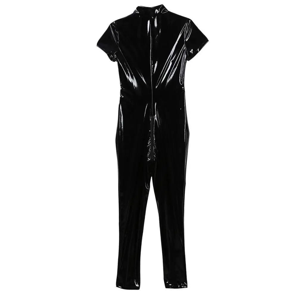 Jumpsuit Wanita Satu Potong Kulit Paten Tampilan Basah Mengkilap Kerah Berdiri Lengan Topi Ritsleting Dada Selangkangan Leotard Bodysuit Pakaian Klub