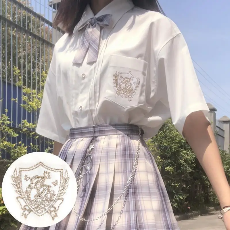 White Cotton Japanese Summer Student School Girls Jk Uniforms Sailors Suit Short Sleeve Embroidery Black White Shirt Women Tops