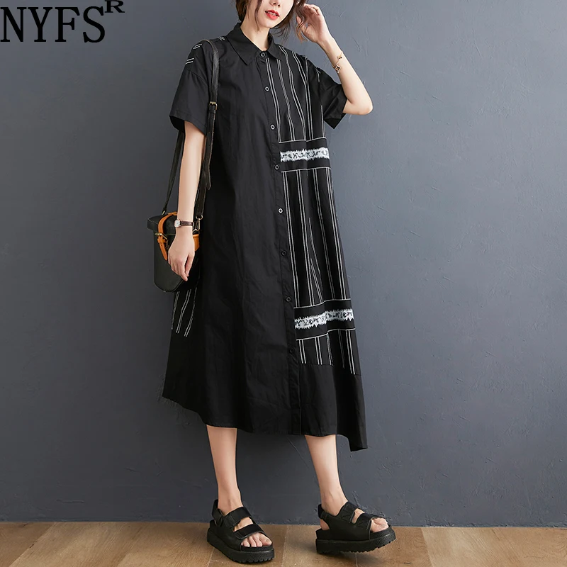 

NYFS 2022 Summer New Loose Woman Dress Simple Casual Stripe Shirt Dress Vestido De Mujer Robe Elbise Office Lady Dresses