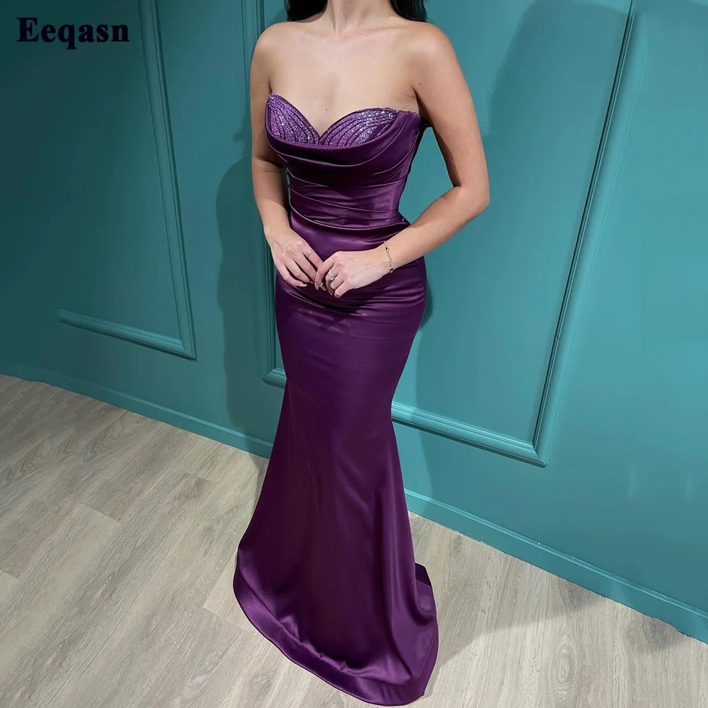 

Eeqasn Grape Purple Long Prom Party Dresses Mermaid Glitter Sequines Draped Women Evening Dress Long Formal Occasion Gowns 2022