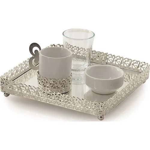 Silver Color Square Coffee Presentation Or Groom Coffee Tray Set