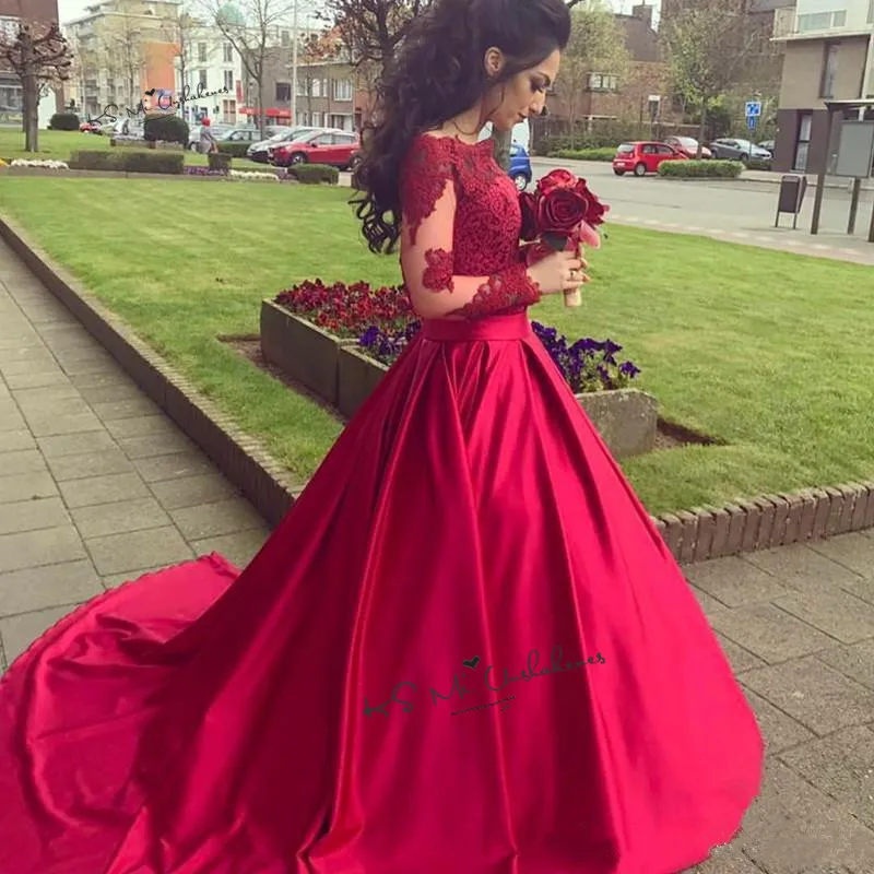 Cheap Red Wedding Dress Satin Sweep Train Scoop Long Sleeve Lace Wedding Gowns Winter Bride Dresses 2020 Vestido de Noiva Manga