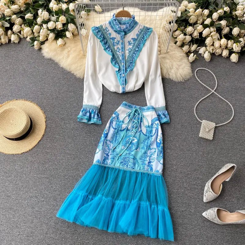 

Ladies Temperament Suit Female Summer Shirt And Skirt Set Design Ruffled Mesh Stitching Printed Skirt Trend Women Outfit zh1454