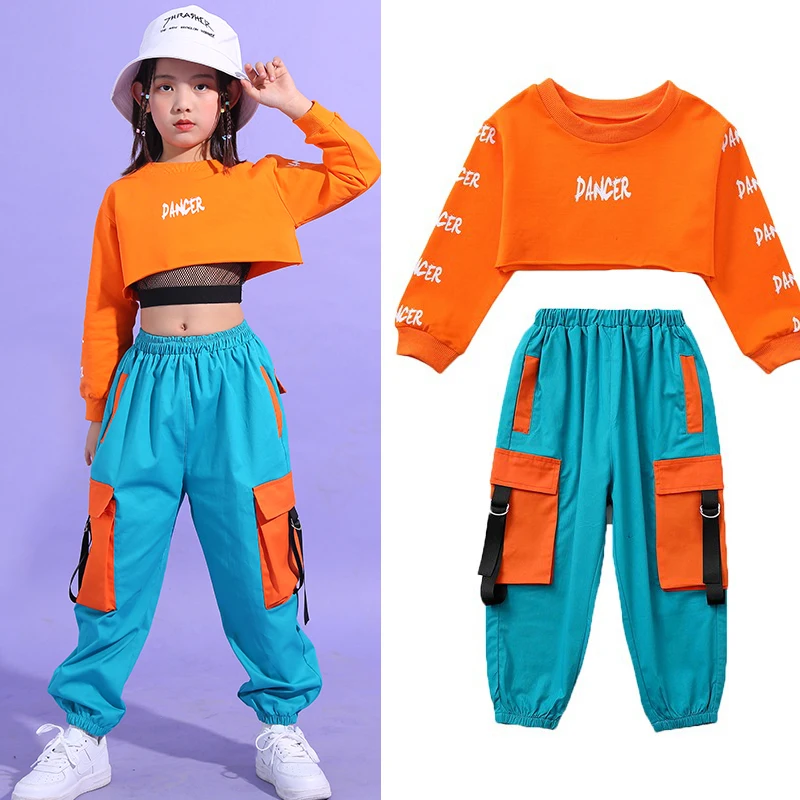 Girls Hip Hop Dance Clothing Orange Crop Tops Cargo Pants Suit Street Dance Outfits Jazz Performance Costumes Stage Wear DQS8535