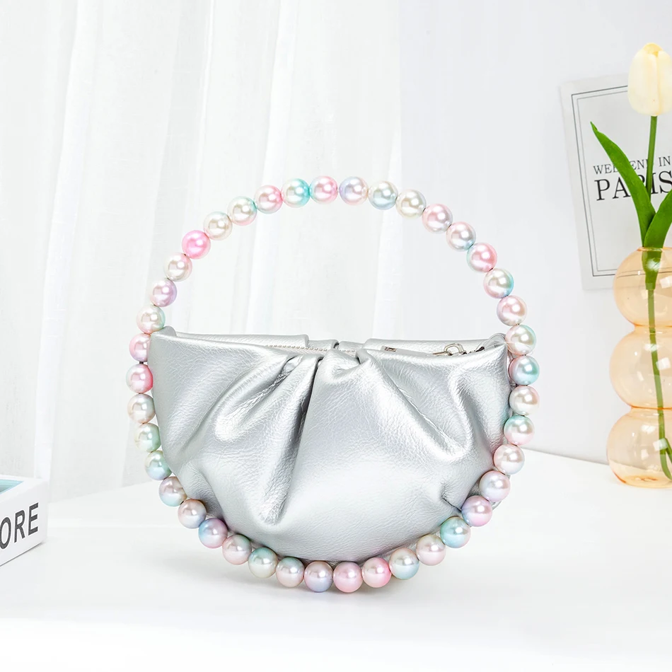 Borse a mano circolari con perle colorate donna 2021 nuovo elegante Designer mezza luna manico tondo cena pochette borsa festa di nozze