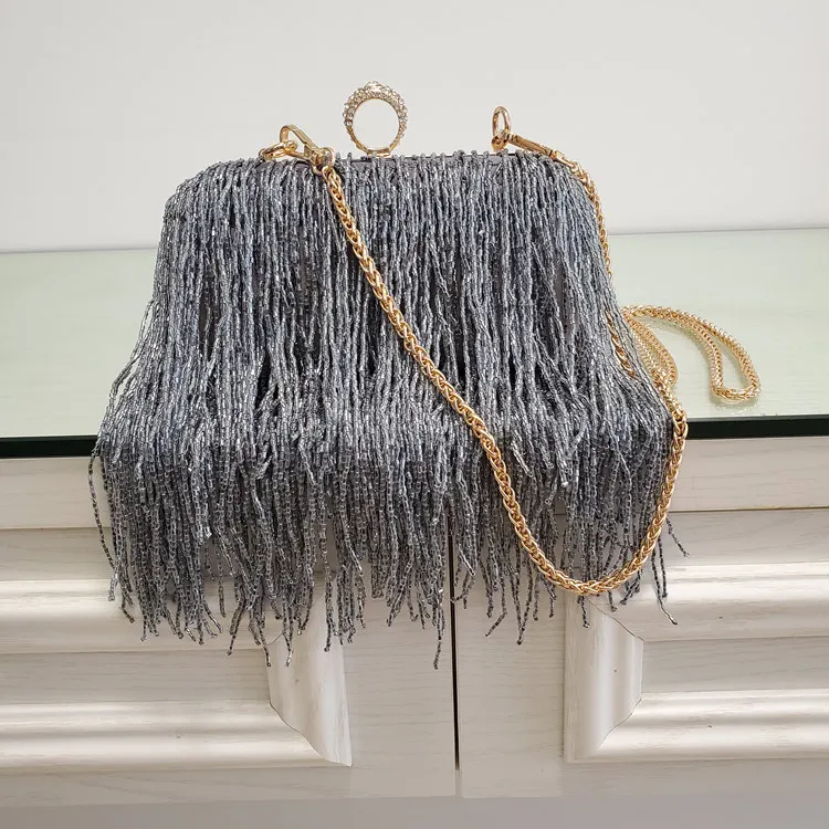 Tassels Ring Clutch Bag Women Vintage Shoulder Clutches Purse Female Sliver Fashion Party Wedding Chain Evening Bags