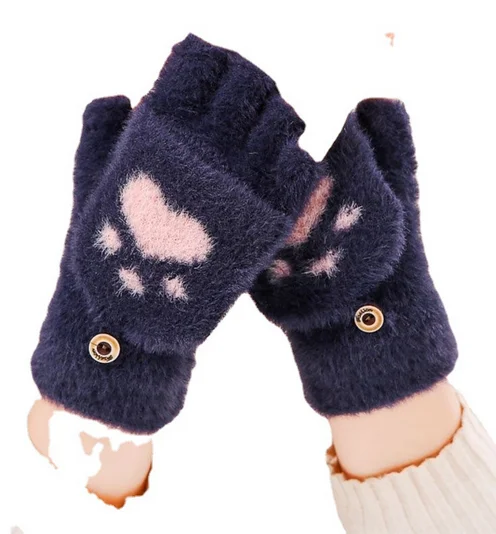 Kat Klauw Handschoenen Winter Warm Pluche Verdikte Student Half Vinger Flip Handschoenen Warm Pluche Vingerloze Handschoenen Dames Mooie Handschoenen