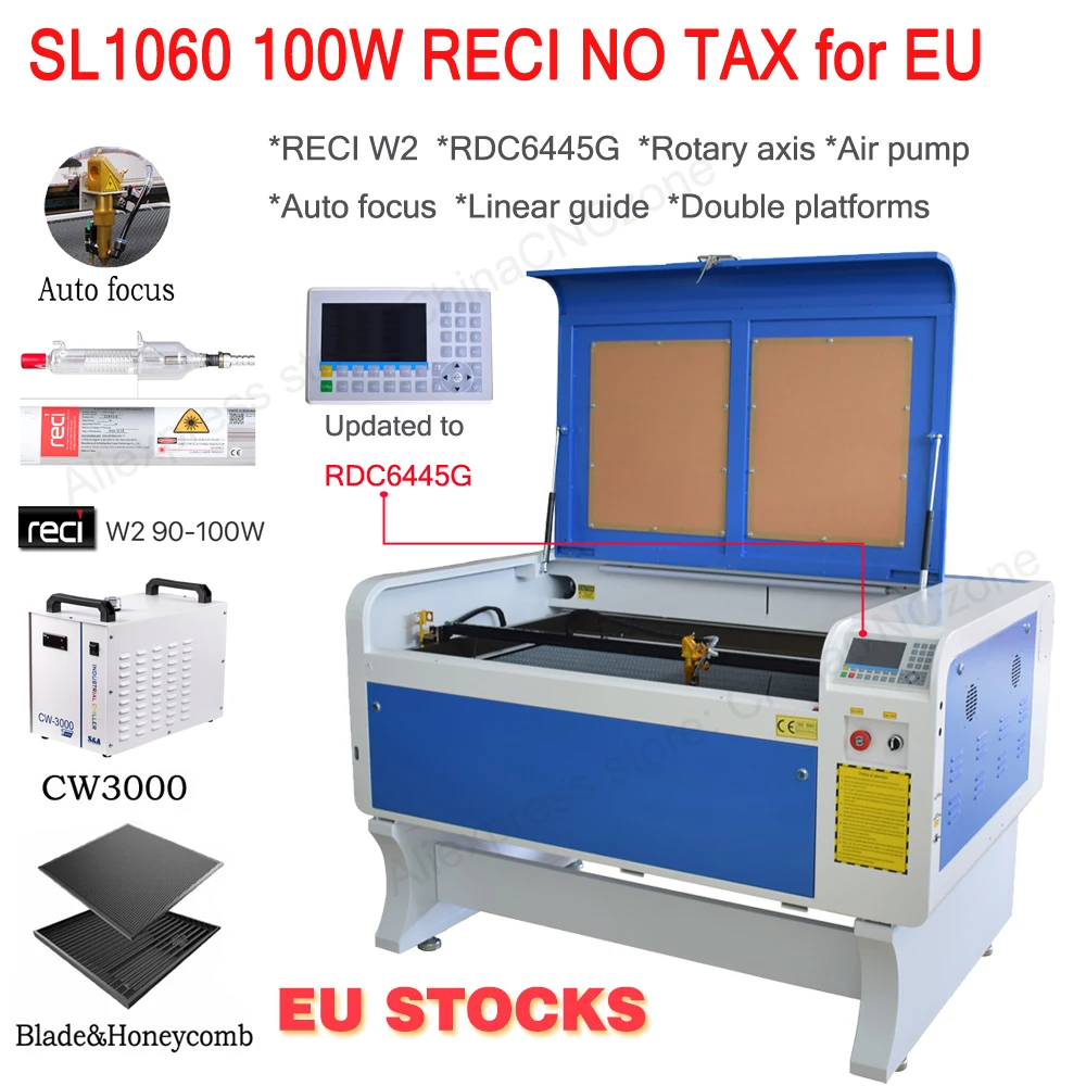 EU Ship SL-1060 CO2 Laser Cutting Engraving Machine Ruida 6445 RECI W2 100W laser marking Machine CNC Engraving with stander